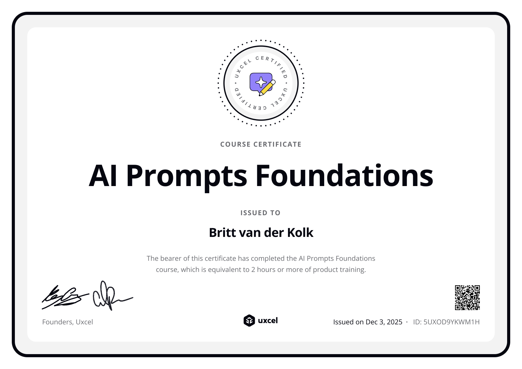 Britt van der Kolk's certificate